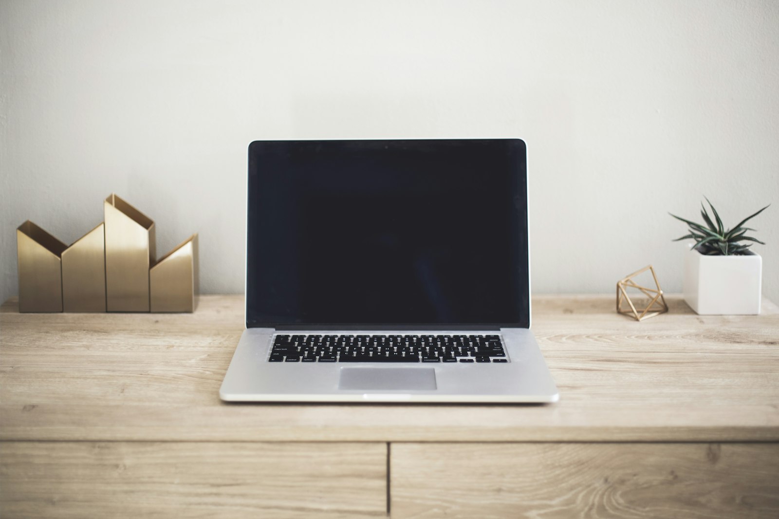 Silver MacBook open on a pale wood desk