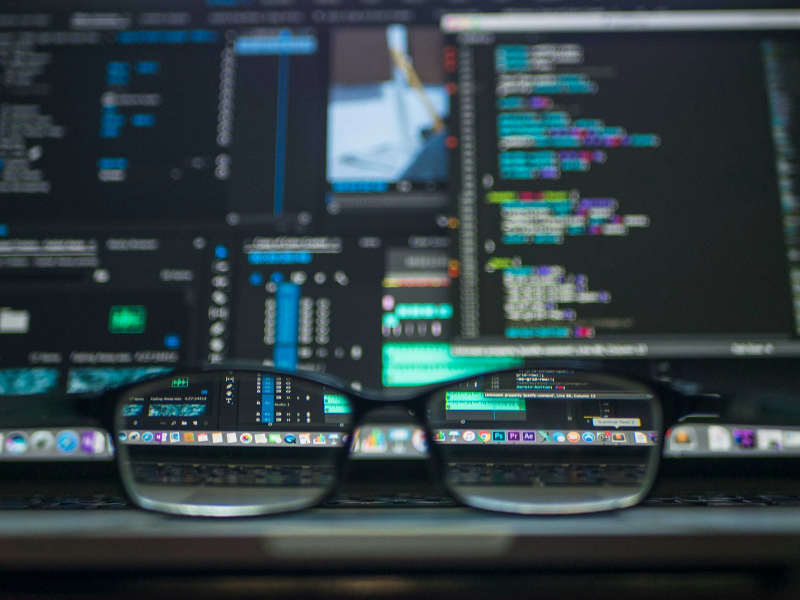 Eyeglasses resting on a MacBook keyboard with macOS dock reflection